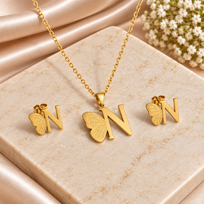 Attached Butterfly With Alphabet Pendant Set for Girl's & Womens