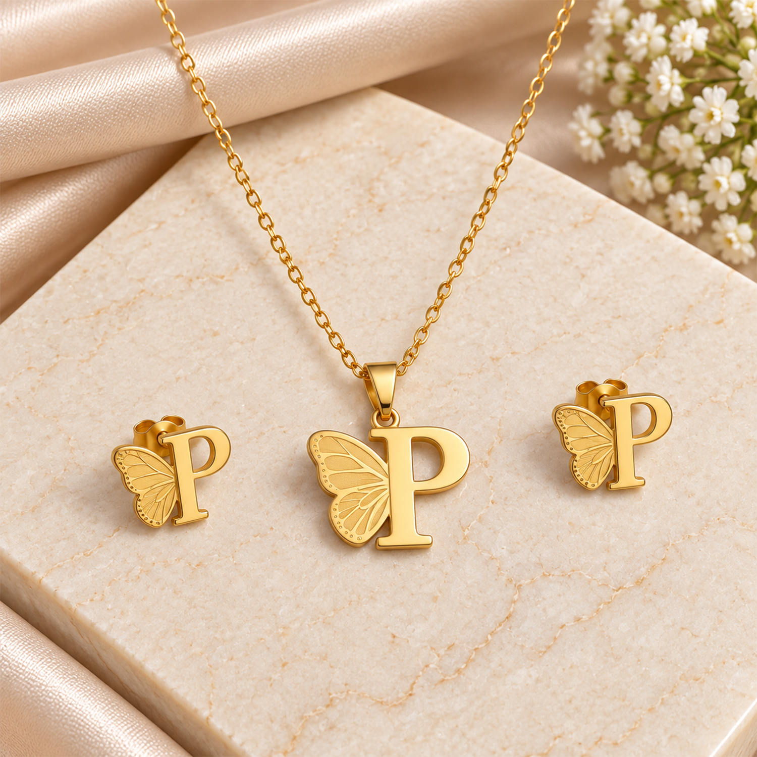 Attached Butterfly With Alphabet Pendant Set for Girl's & Womens