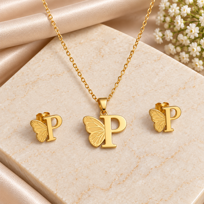 Attached Butterfly With Alphabet Pendant Set for Girl's & Womens