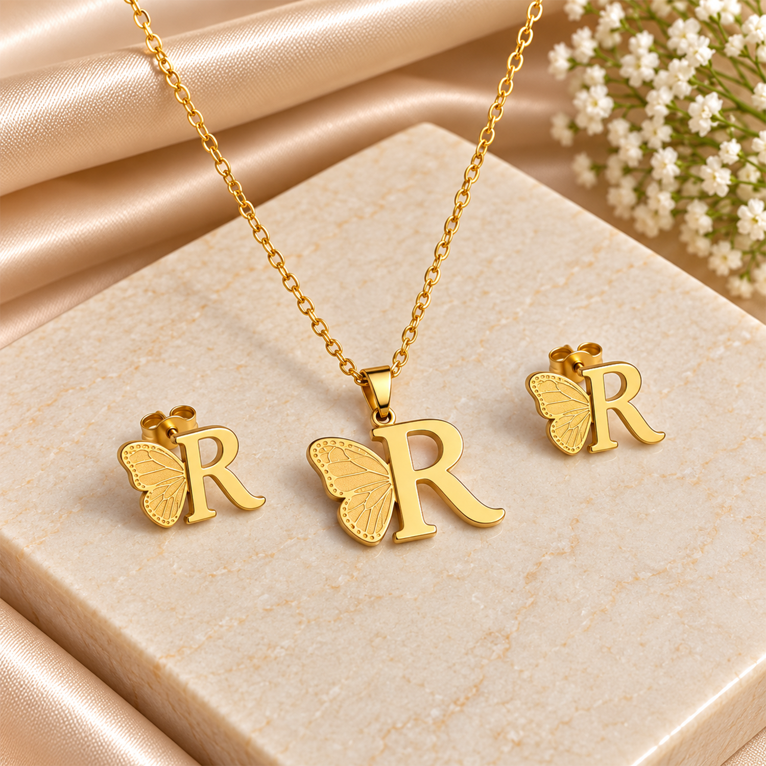 Attached Butterfly With Alphabet Pendant Set for Girl's & Womens