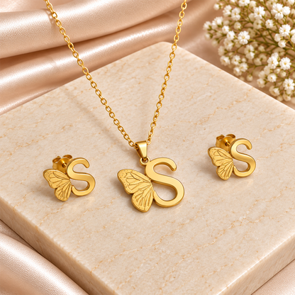 Attached Butterfly With Alphabet Pendant Set for Girl's & Womens