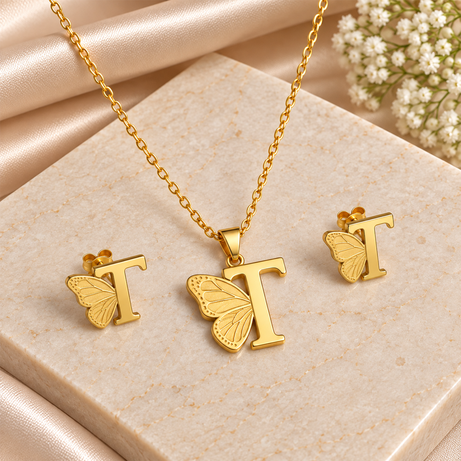 Attached Butterfly With Alphabet Pendant Set for Girl's & Womens