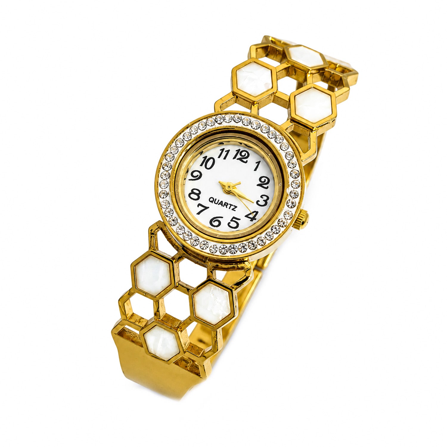 Modern Honeycomb Design AD Studded Band Bracelet Watch For Girls & Women