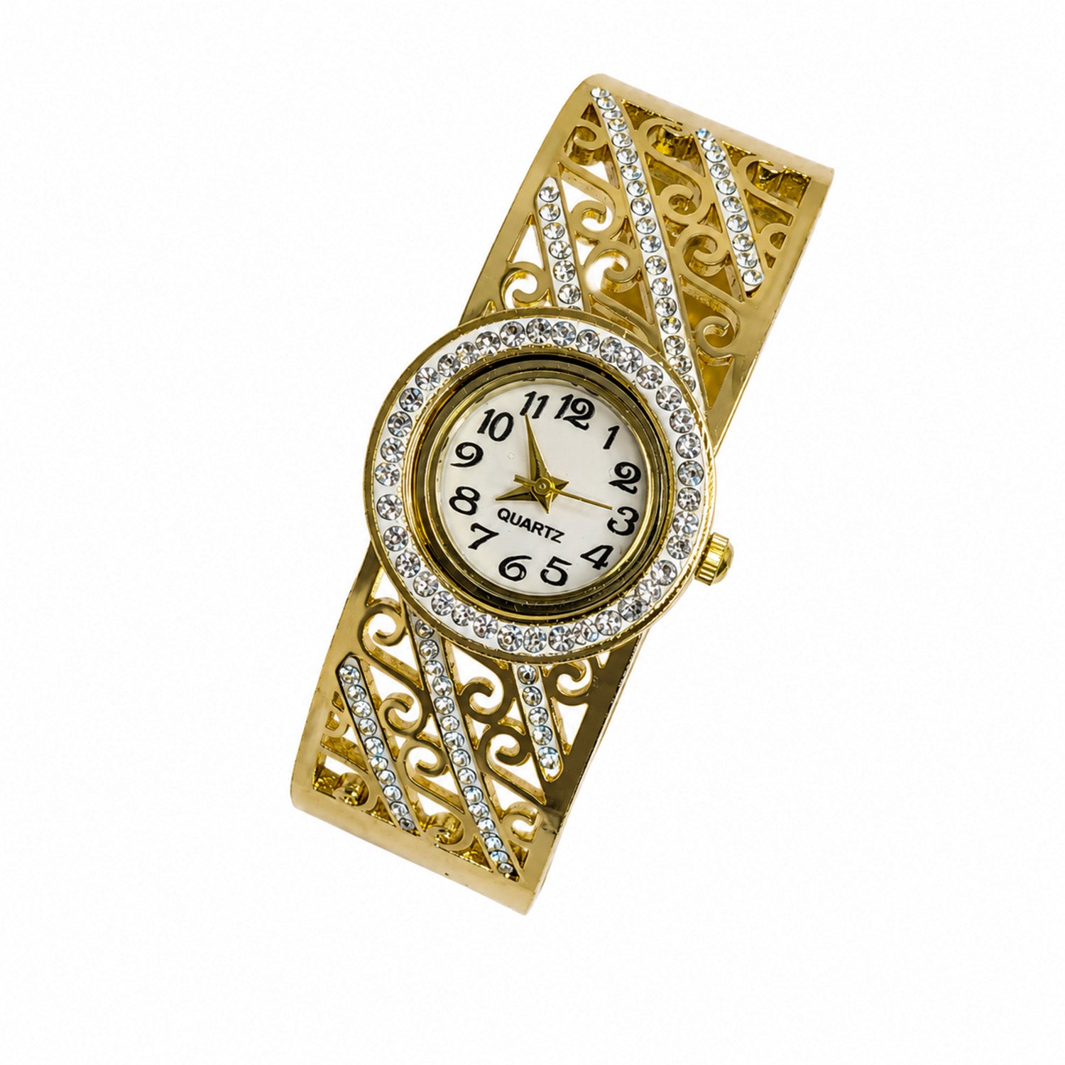 Traditional Intricate Cut-Out Design AD Studded Band Bracelet Watch For Girls & Women