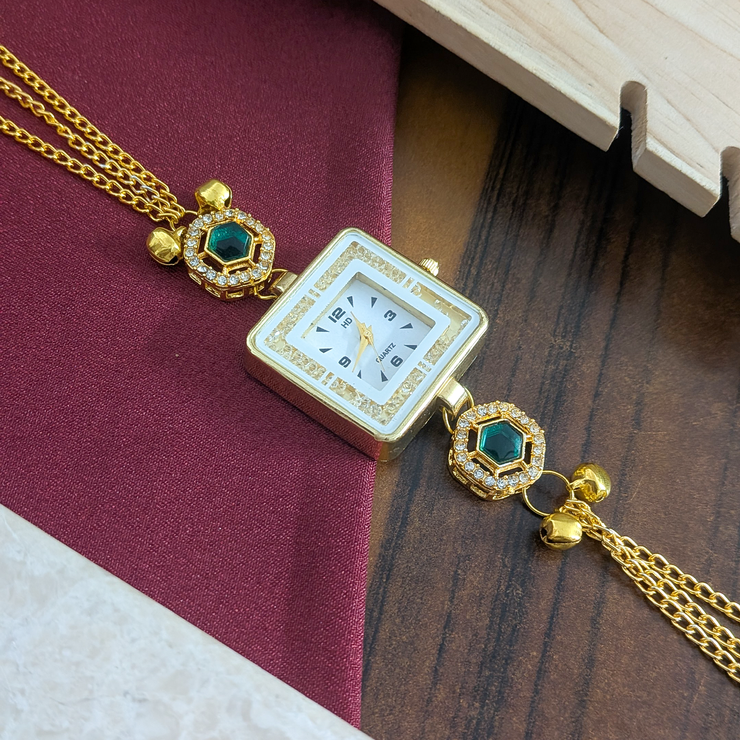 Gold Plated Square Dial Kashimiri Watch with CZ Stone Details