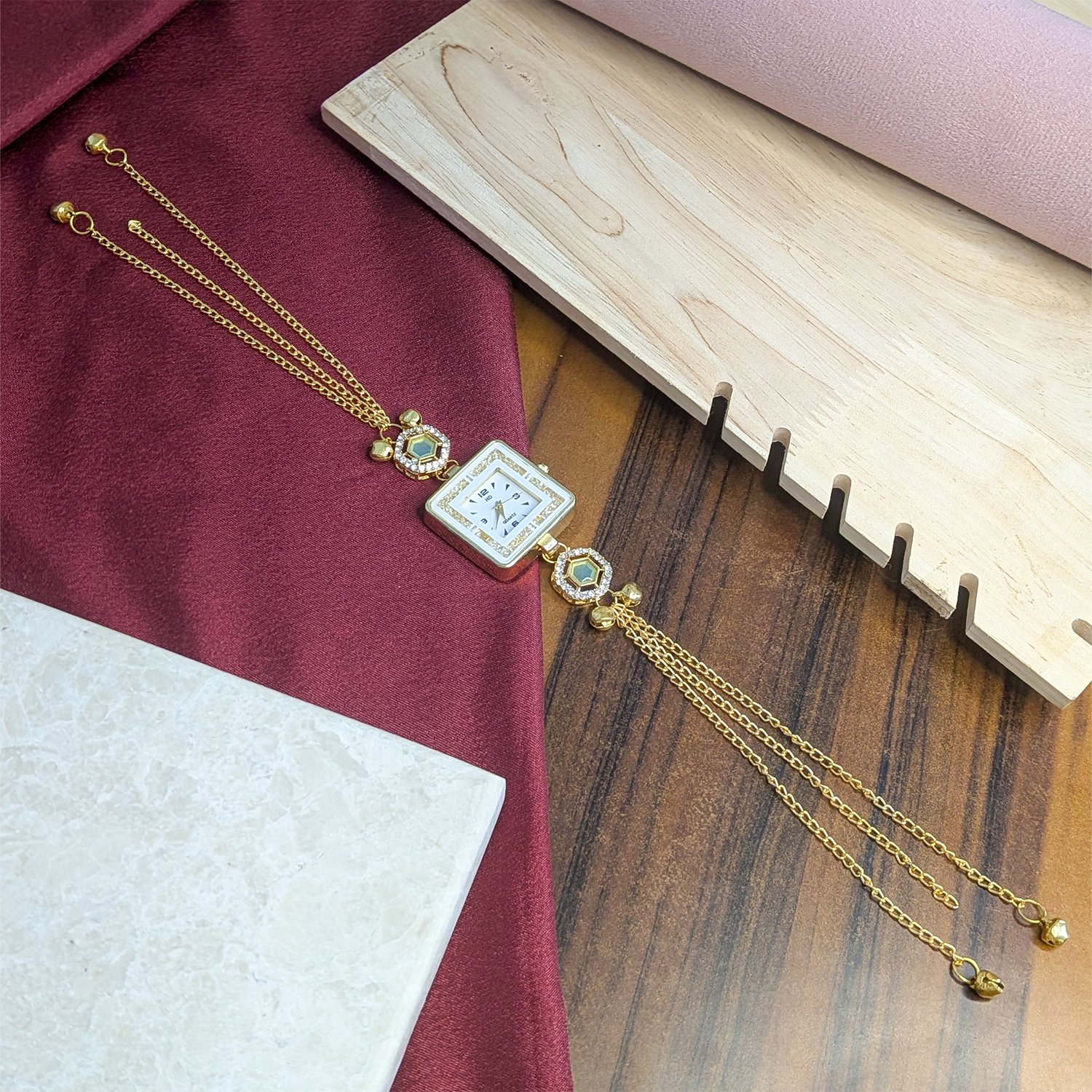 Gold Plated Square Dial Kashimiri Watch with CZ Stone Details