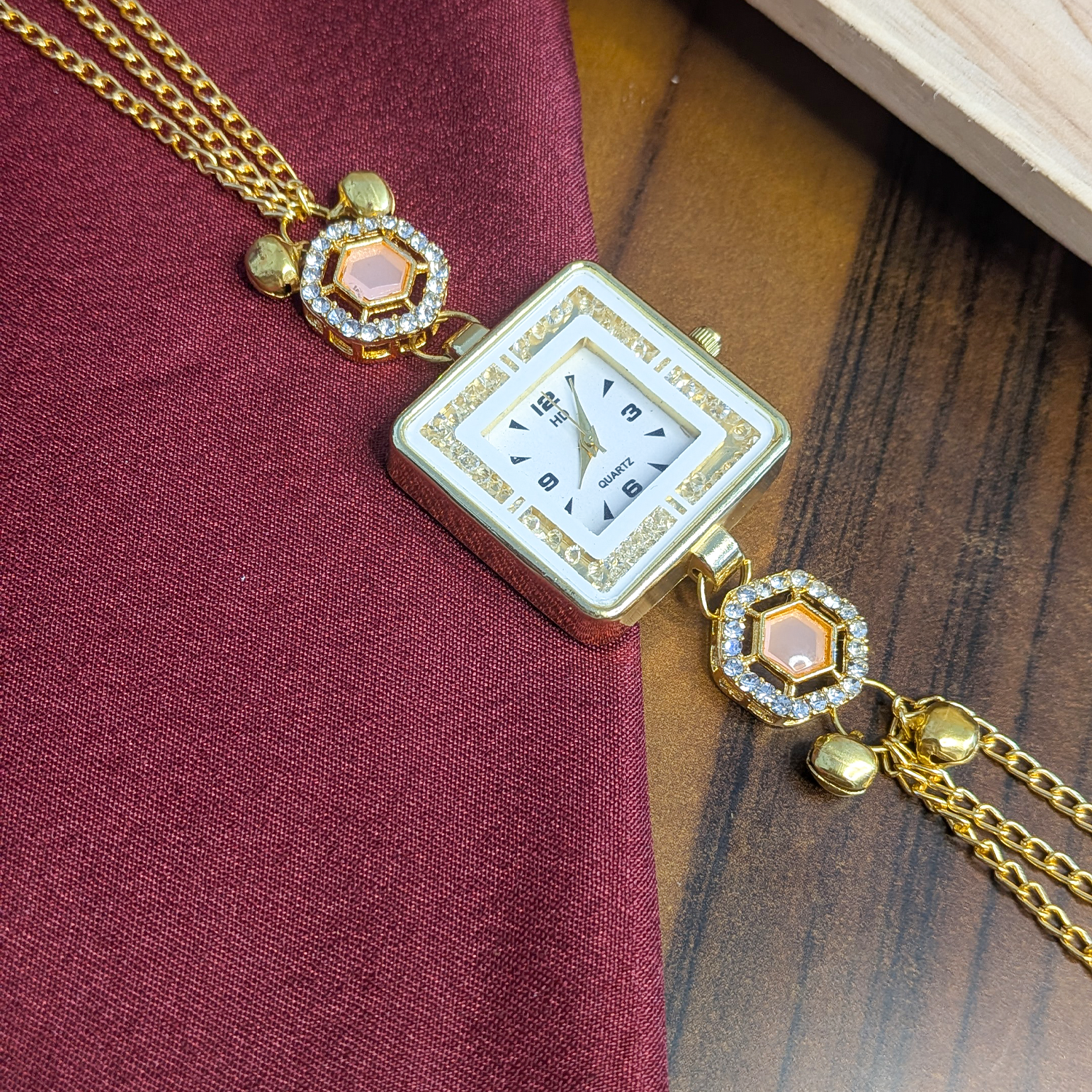 Gold Plated Square Dial Kashimiri Watch with CZ Stone Details