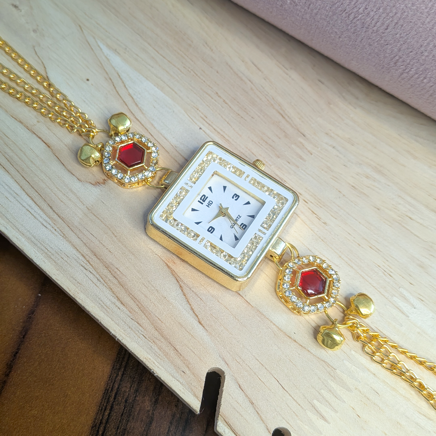 Gold Plated Square Dial Kashimiri Watch with CZ Stone Details