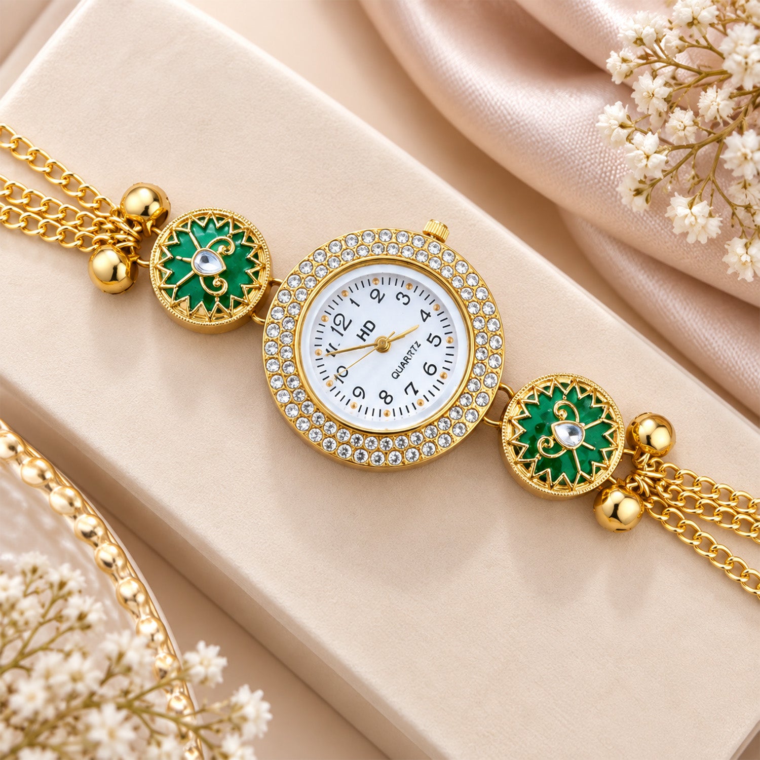 Gold Tone Crystal Dial Kashmiri Watch with Floral Pearl Charms