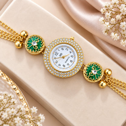 Gold Tone Crystal Dial Kashmiri Watch with Floral Pearl Charms