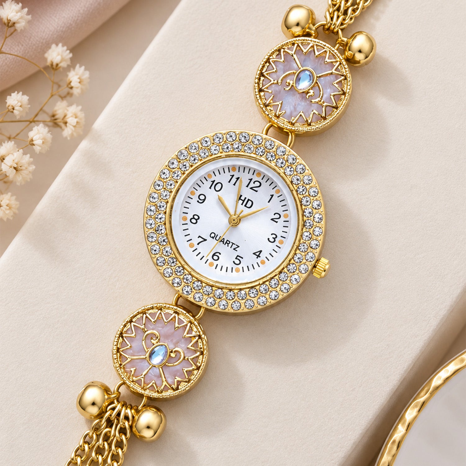Gold Tone Crystal Dial Kashmiri Watch with Floral Pearl Charms