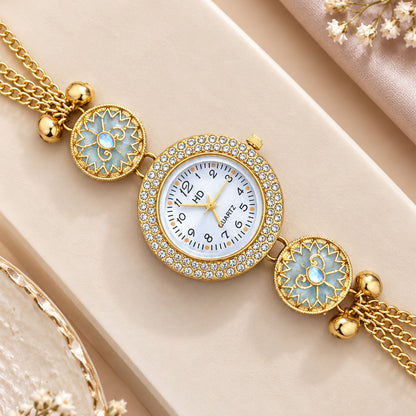 Gold Tone Crystal Dial Kashmiri Watch with Floral Pearl Charms