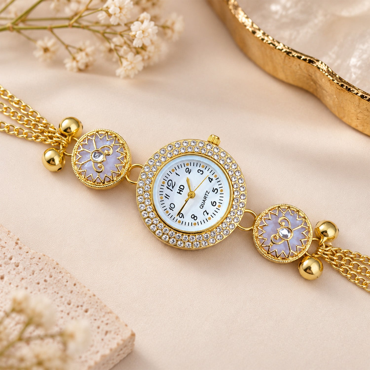 Gold Tone Crystal Dial Kashmiri Watch with Floral Pearl Charms