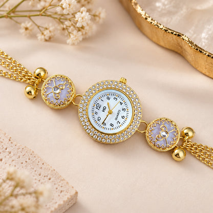 Gold Tone Crystal Dial Kashmiri Watch with Floral Pearl Charms
