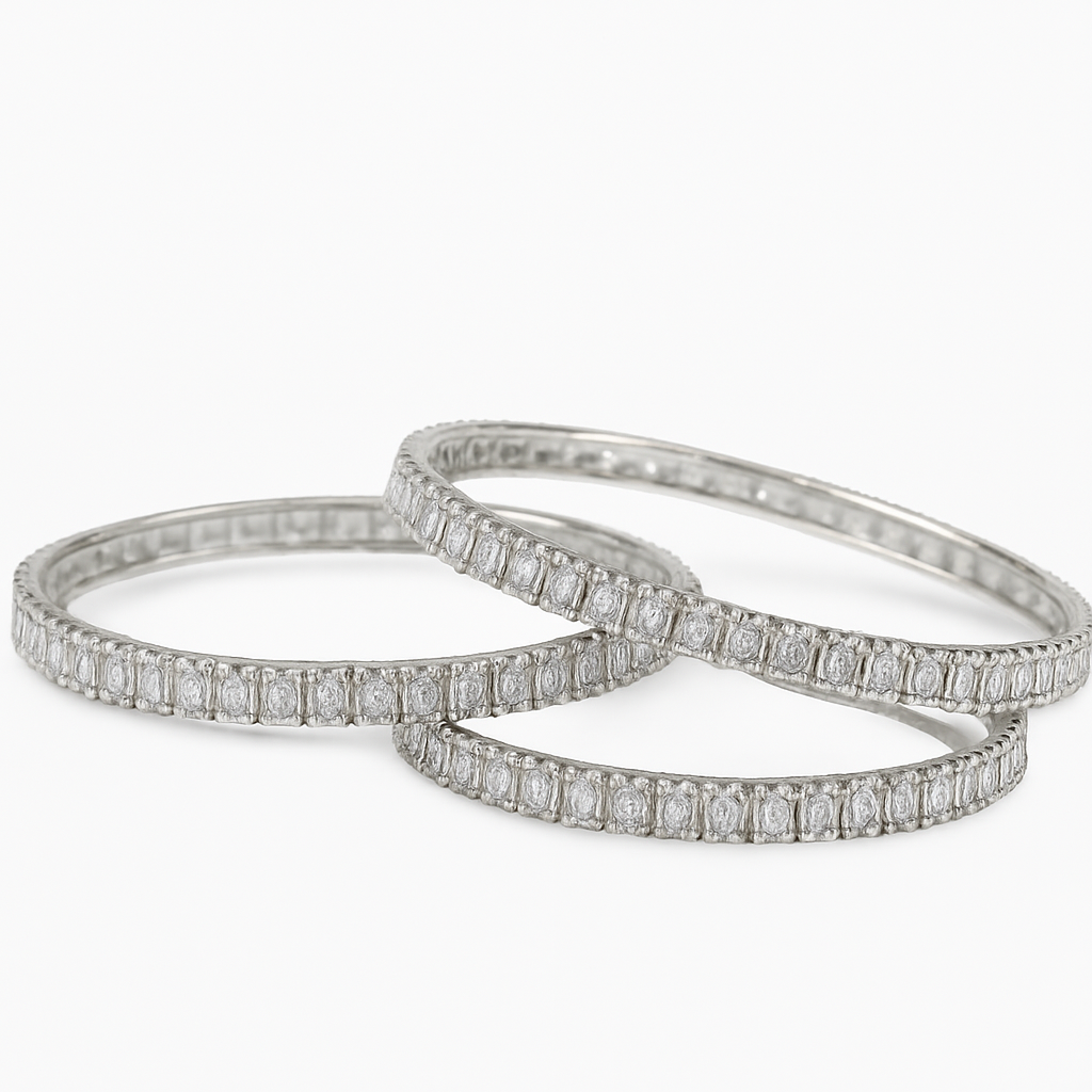 Classic Silver Oval Diamond Bangles – Set of 3