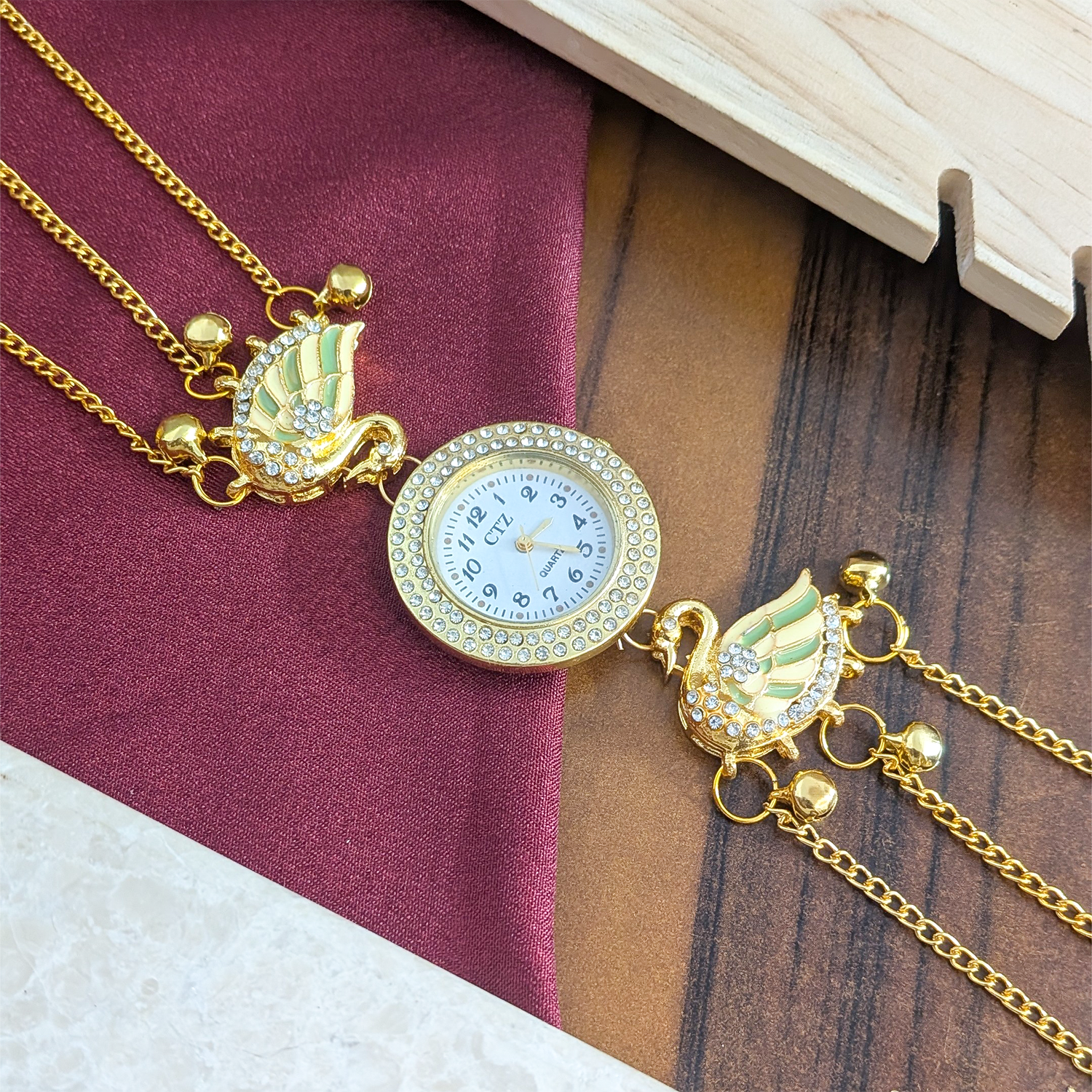 Swan Design Crystal Stone Kashmiri Watch for Girls & Women