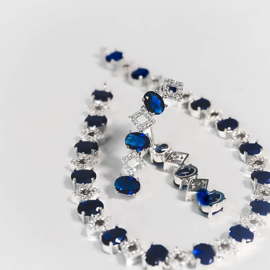Blue Oval American Diamond Necklace With Earrings