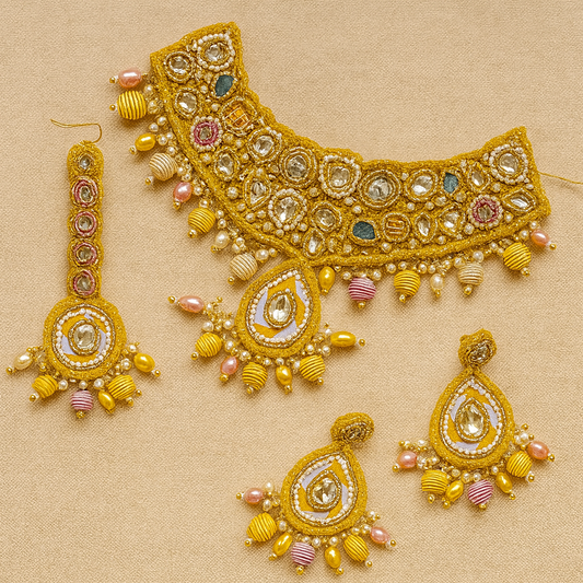Handcrafted Yellow & Gold Gota Patti Mirror Jewelry Set
