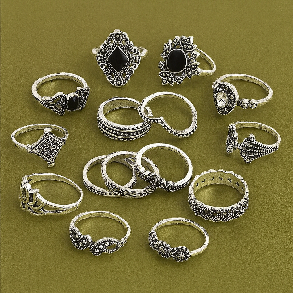 Vintage Silver Boho Ring Set (14 Pieces)