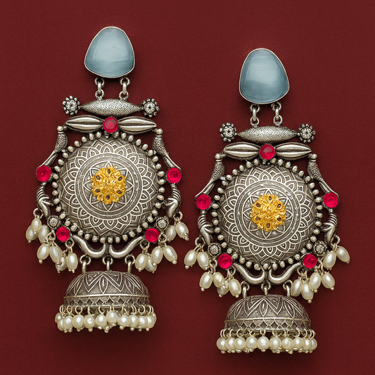 Traditional Oxidised Silver Jhumka Earrings with Pearl Drops