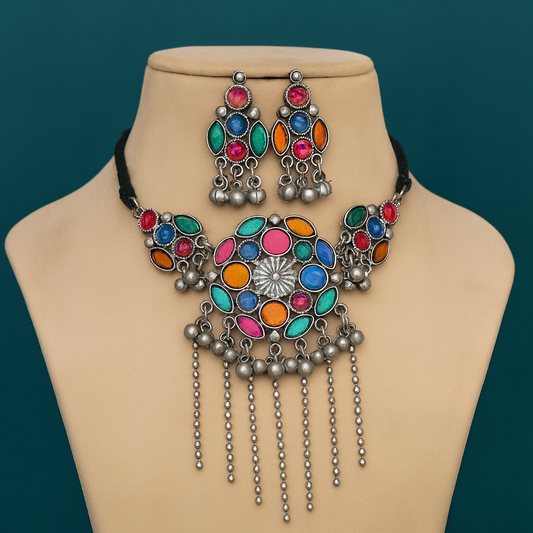 Oxidised Silver Multicolor Tribal Necklace Set