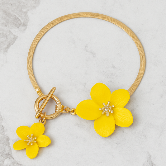Gold Plated Yellow Floral Charm Anklet with Toggle Clasp
