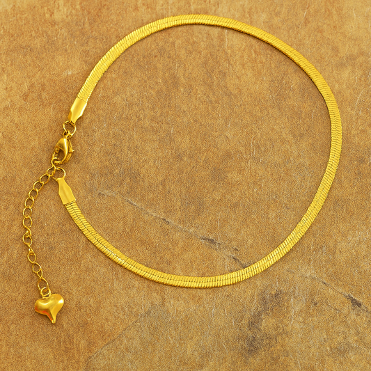 Gold Plated Sleek Snake Chain Anklet with Heart Charm