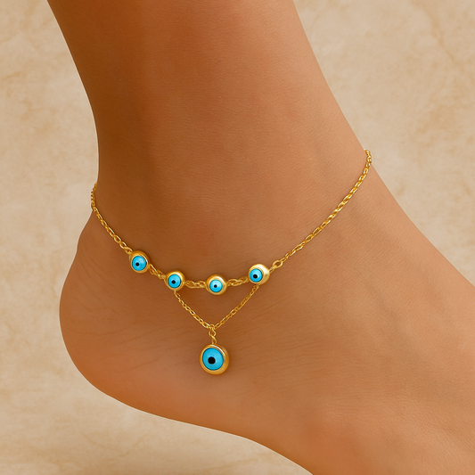 Gold Plated Evil Eye Charm Anklet with Drop Pendant