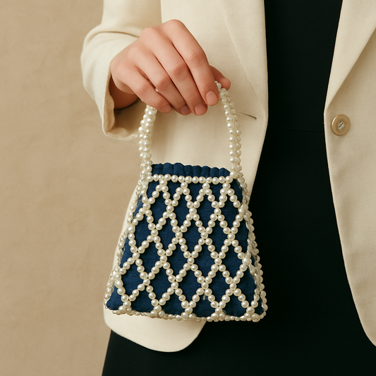 Navy Luxe Pearl Net Potli Bag