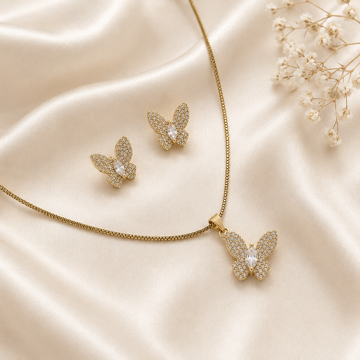 Butterfly AD Stone Rhodium Finish Pendant Set for Girls & Women's