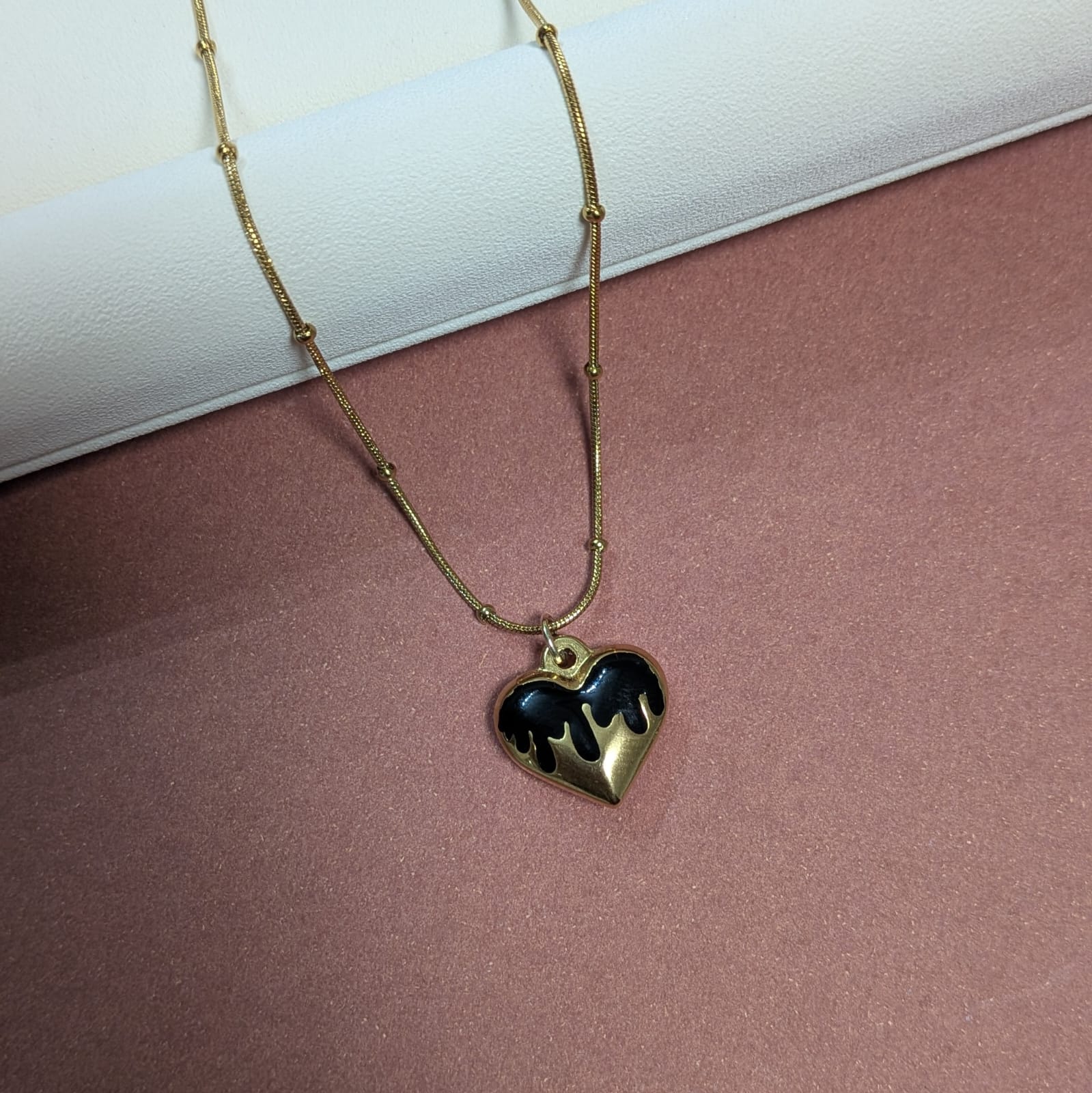 Gold Plated Black Enamel Melted Heart Charm Pendant With Beaded Chain For Girls & Women