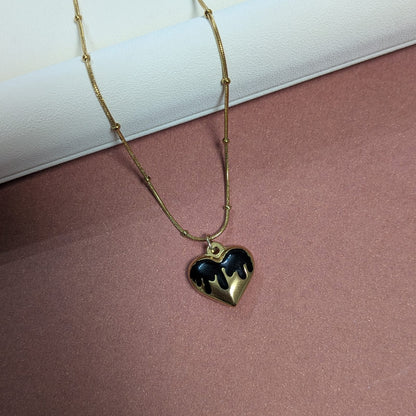Gold Plated Black Enamel Melted Heart Charm Pendant With Beaded Chain For Girls & Women