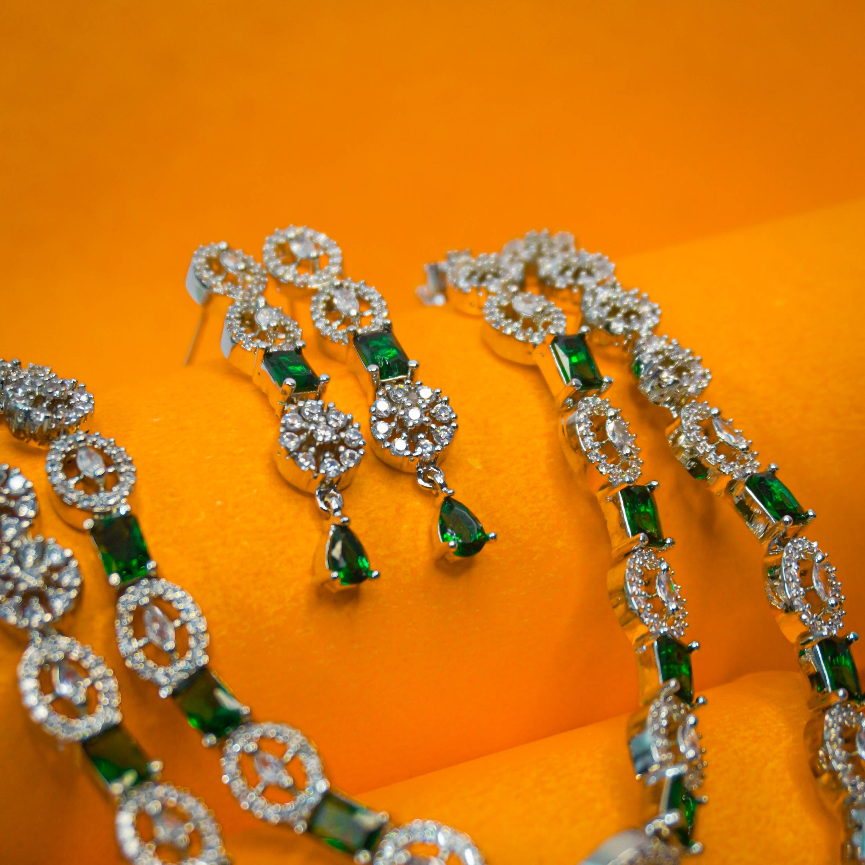 Green Square American Diamond Necklace With Earrings