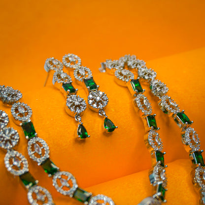 Green Square American Diamond Necklace With Earrings