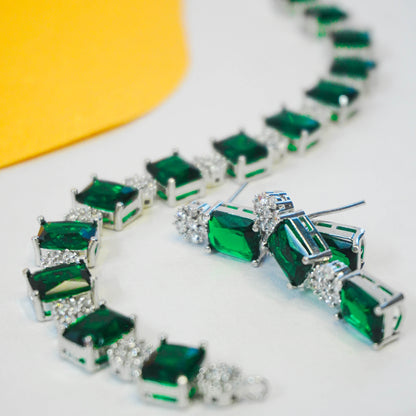 Green Square American Diamond Necklace With Earrings