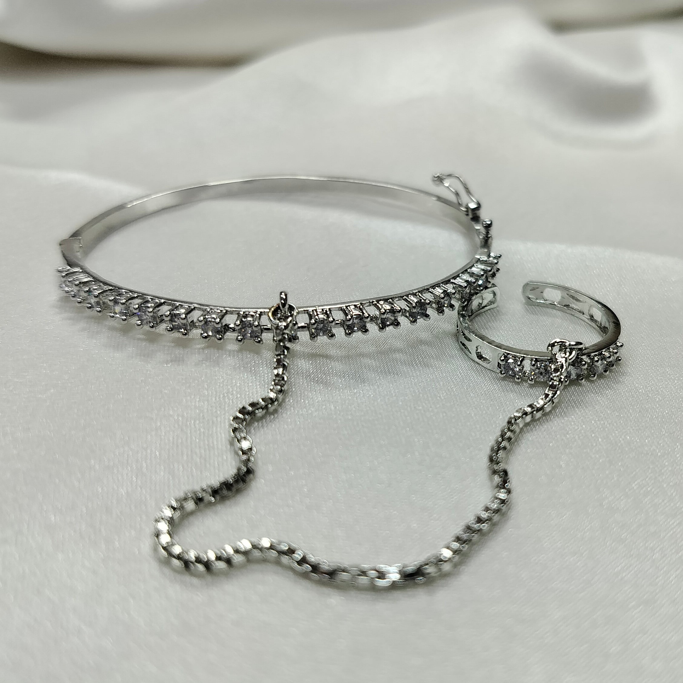 Elegant Single Line AD (American Diamond) Finger Ring Bracelet for Girls & Women