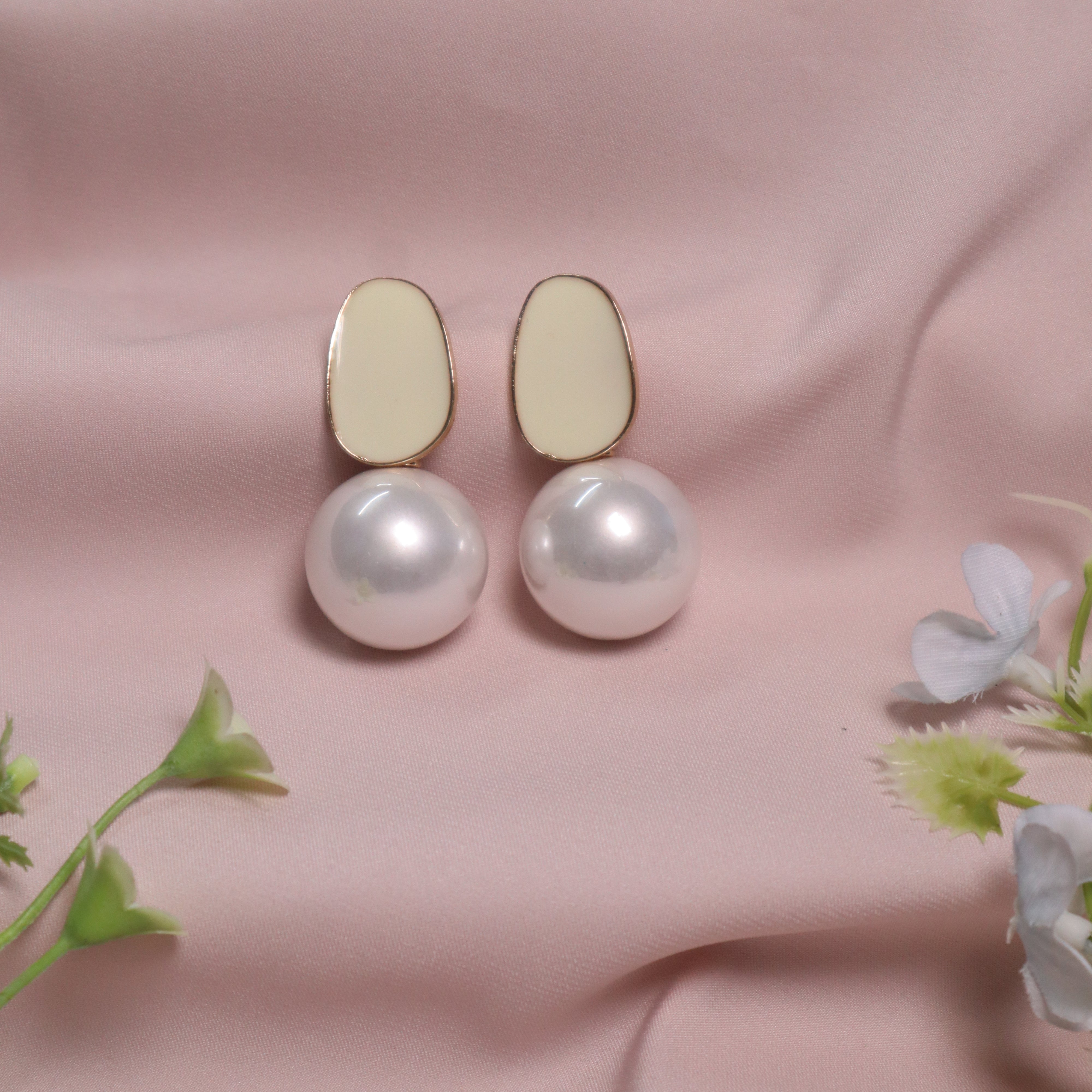Off-White Enamel & Faux Pearl Drop Earrings