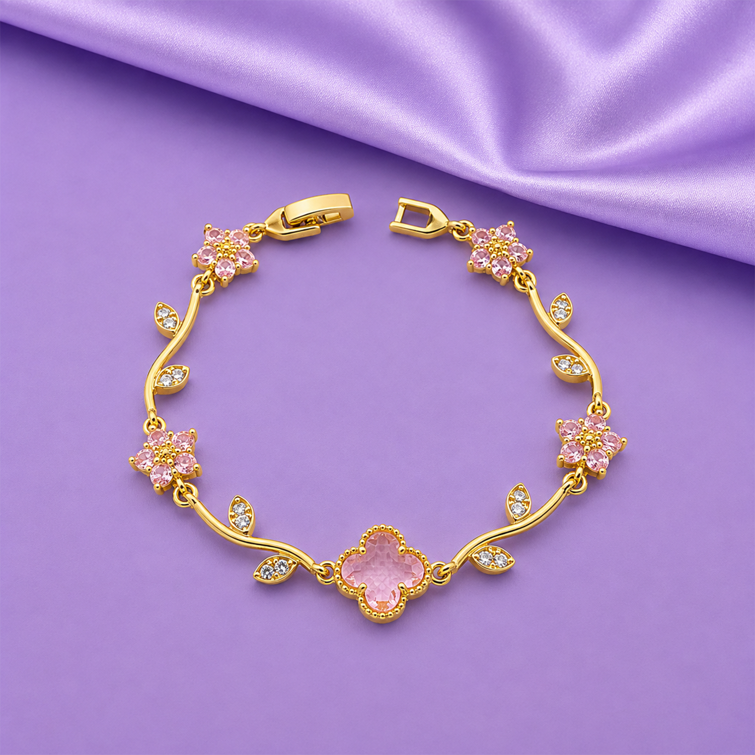 Elegant Gold Tone Floral Bracelet with CZ Stone for Women