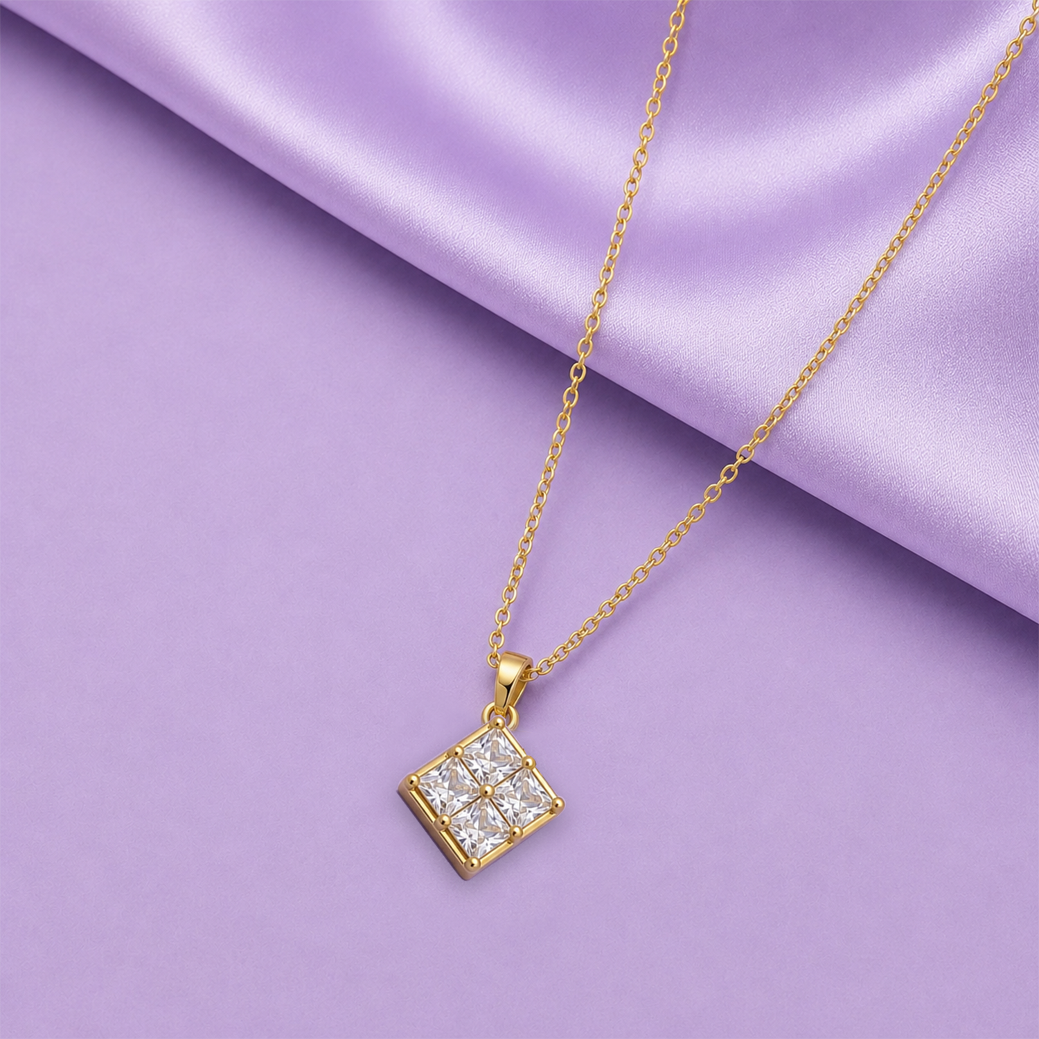 AD Stone Princess Cut Pendant with Gold-Tone Chain for Women