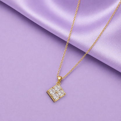 AD Stone Princess Cut Pendant with Gold-Tone Chain for Women