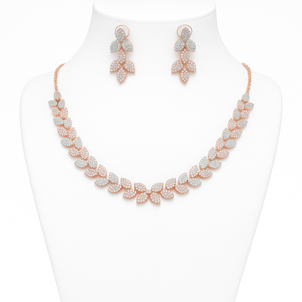 Rose Gold Leaf CZ Necklace Set