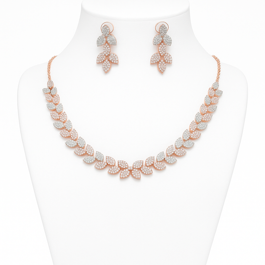 Rose Gold Leaf CZ Necklace Set