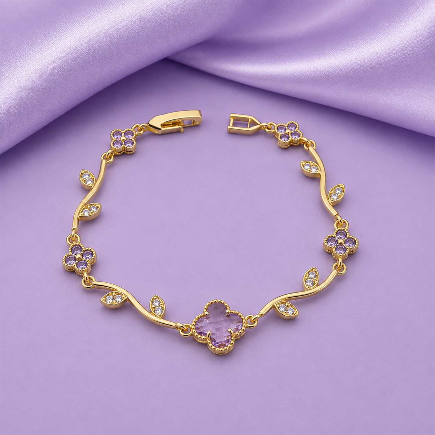 Elegant Gold Tone Floral Bracelet with CZ Stone for Women