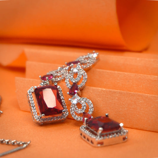 Red Square and Drop American Diamond Necklace With Earrings