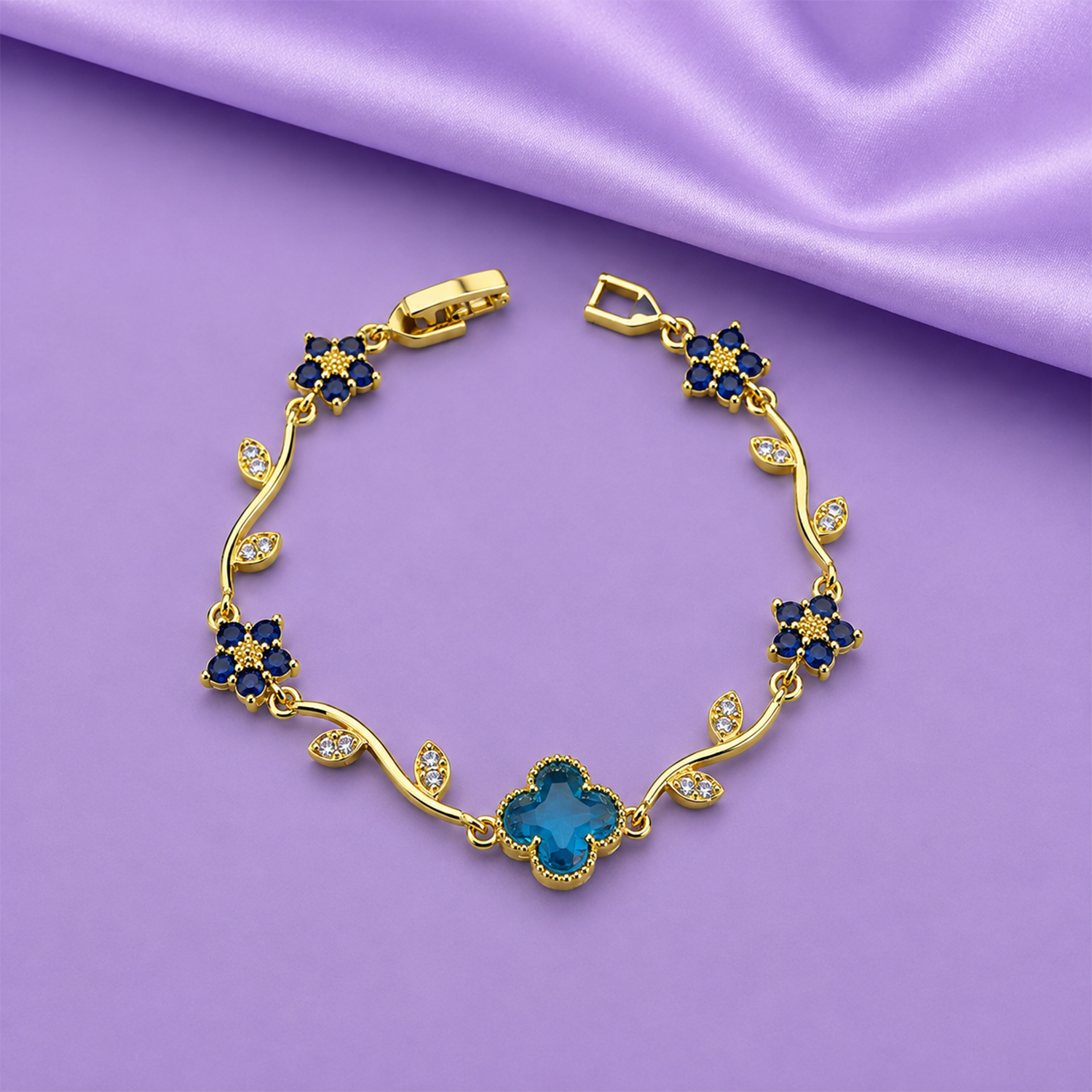 Elegant Gold Tone Floral Bracelet with CZ Stone for Women