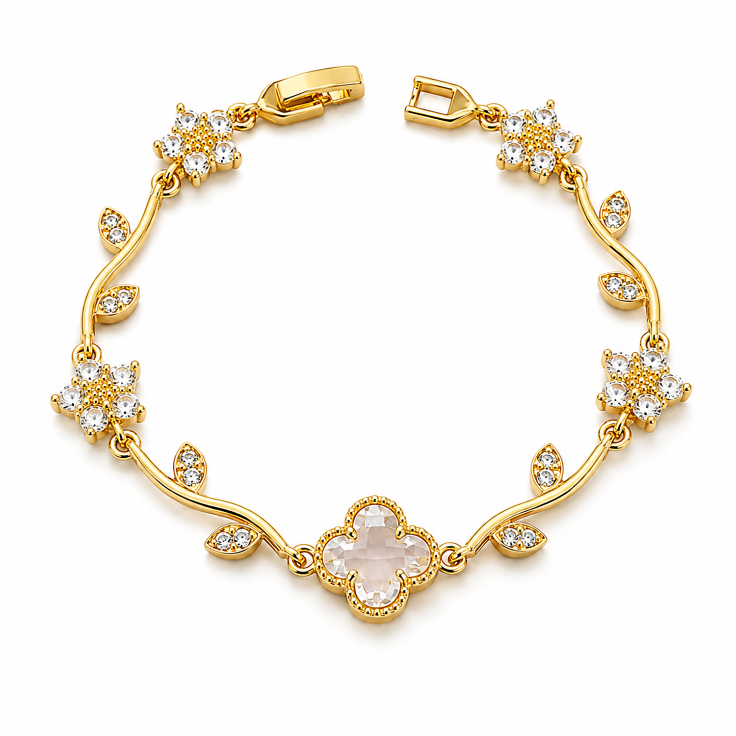 Elegant Gold Tone Floral Bracelet with CZ Stone for Women