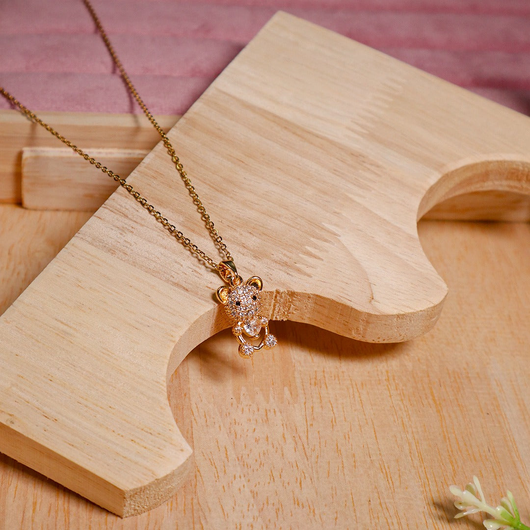 18K Gold Plated Diamond Teddy Pendant Necklace (Anti-Tarnish)