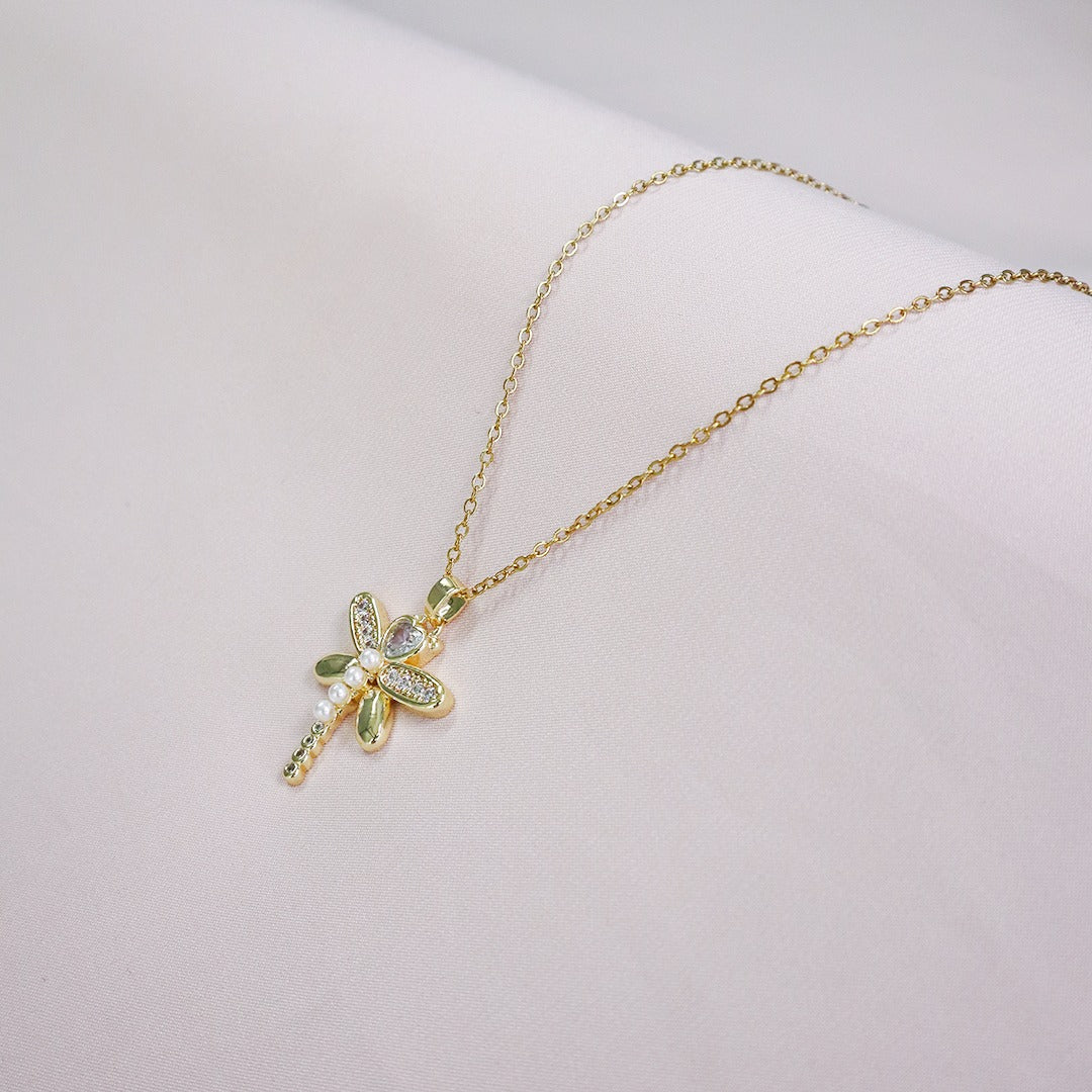 18K Gold Plated Dragonfly With Pearl Pendant Necklace (Anti-Tarnish)