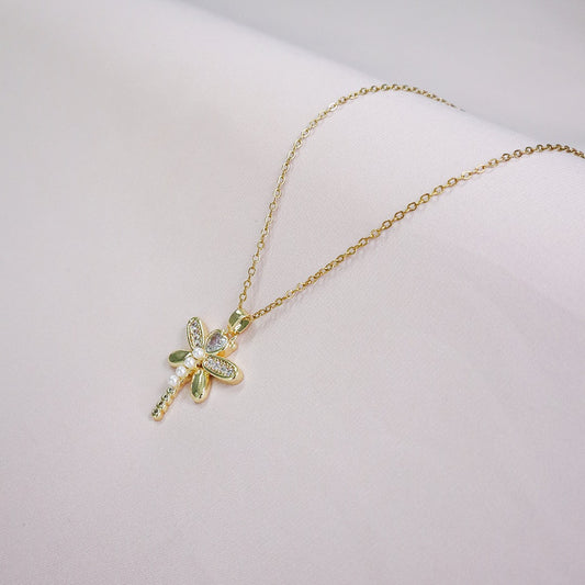 18K Gold Plated Dragonfly With Pearl Pendant Necklace (Anti-Tarnish)