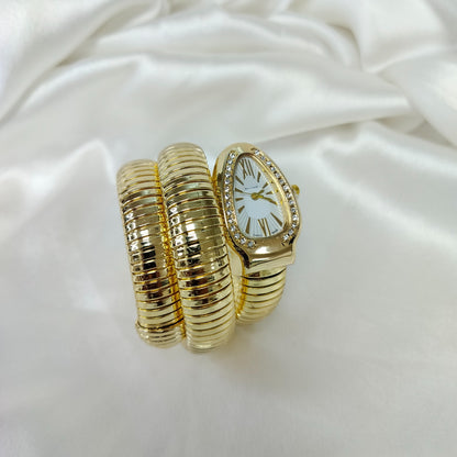 Luxury Gold Finish Triple Coil Snake Watch For Girls & Women
